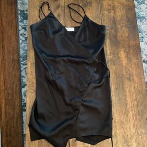 Victoria + Sophia Black Satin Wrap Mini Dress